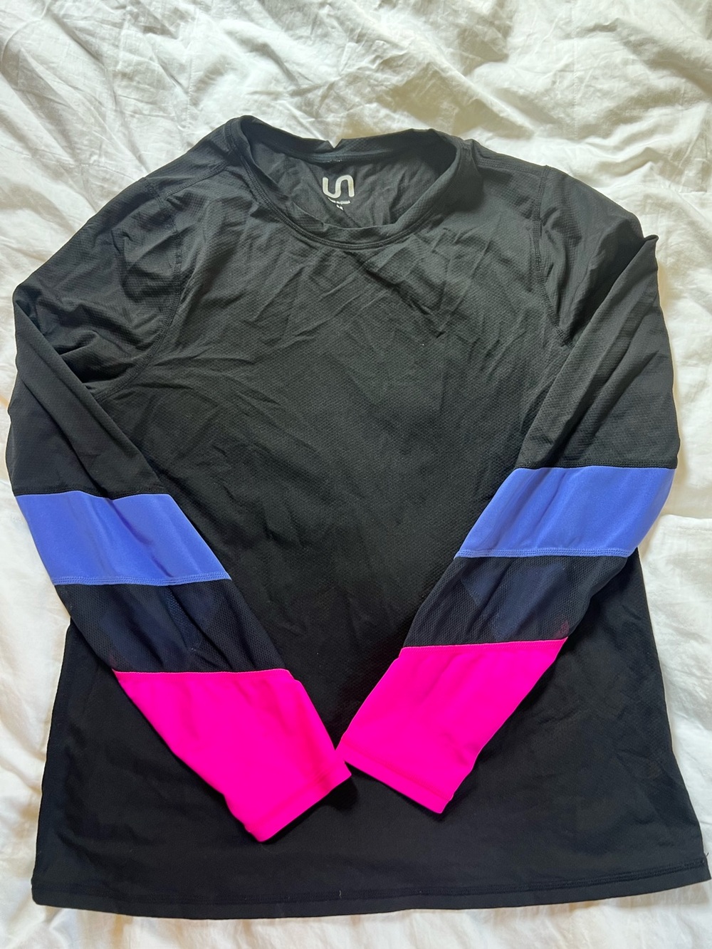 Performance Long-Sleeve Crew Top - Black with Blue & Pink Sleeve Panels